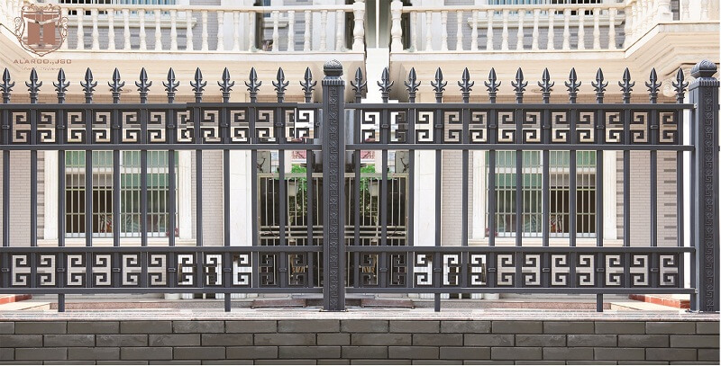 Model of neoclassical iron fence painted in solemn gray color