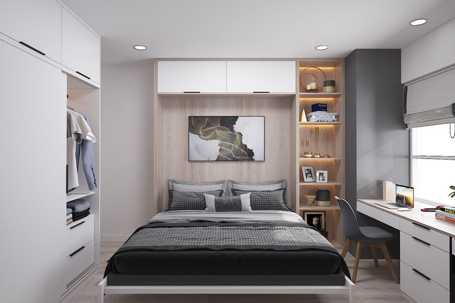 Hình nền của phòng ngủ được áp dụng từ một chiếc tủ nhỏ kết hợp với bức tranh đen trắng tinh tế