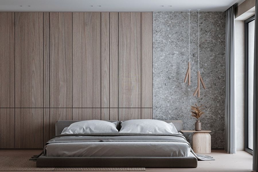Trang trí đầu giường phòng ngủ bằng gỗ ốp kết hợp vách giả đá sang trọng
