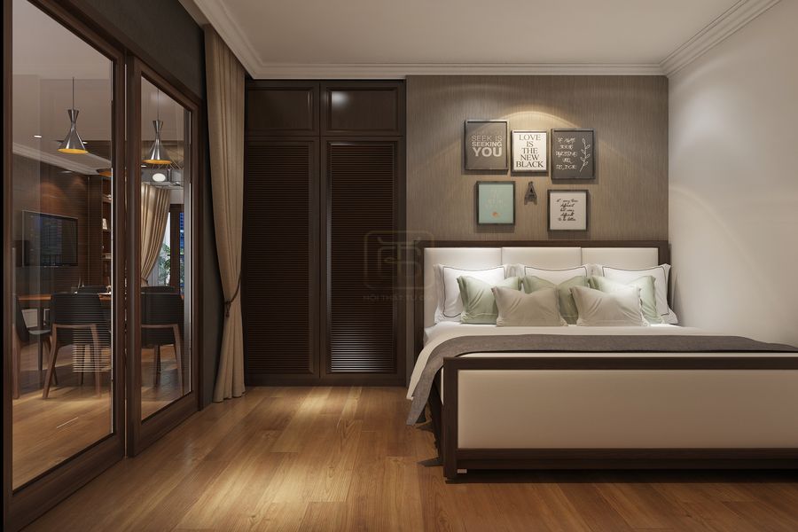 Vách đầu giường phòng ngủ là sự kết hợp giữa vải nỉ và tranh treo tường theo bộ