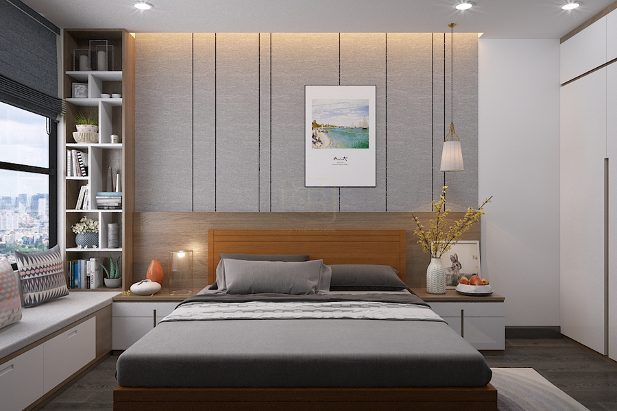 Vách đầu giường phòng ngủ kết hợp nhiều chất liệu nỉ, đường đồng trang trí và tranh treo tường theo bộ