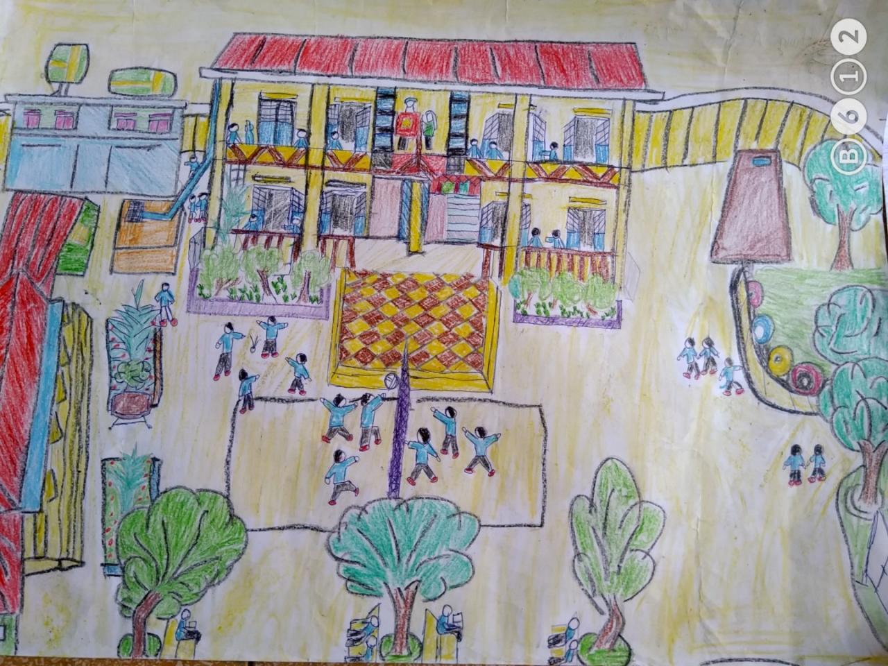 Students draw pictures of the roof of the school
